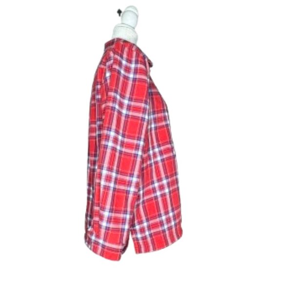 L.L. Bean Red White Blue Plaid Fleece Line Button Up Long Sleeve Shirt - Picture 3 of 8